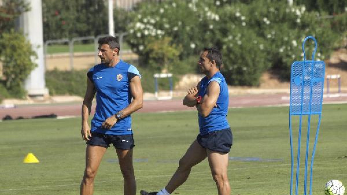 Sergi y De Quintana en el entrenamiento de este jueves.
