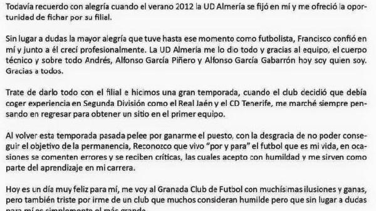 Carta de despedida de Edgar Méndez.