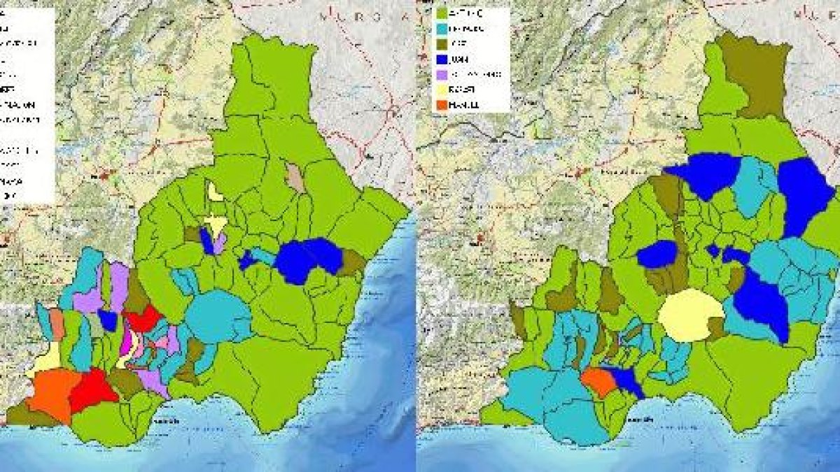 Mapa de la provincia con el reparto, por colores y municipios, de los nombres.
