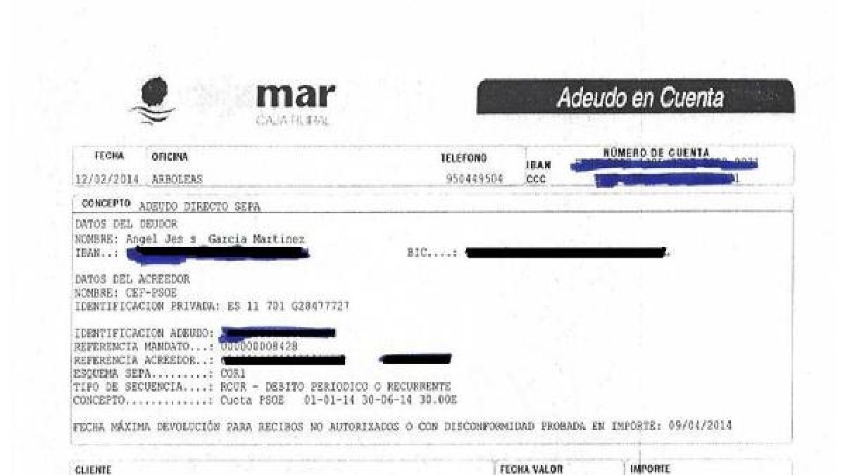 Recibo de cuota de afiliación del PSOE recibido.