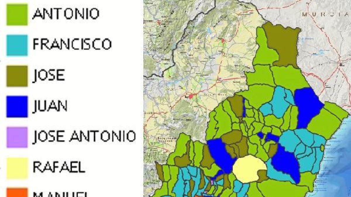 Mapa y leyenda de uso de los nombres masculinos en Almería. e;c
