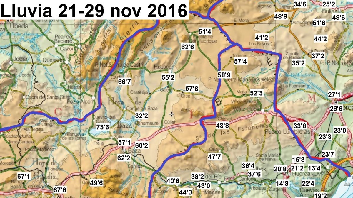 Mapa de las precipitaciones en los municipios almerienses