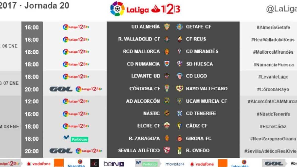 Todos los horarios de la jornada 20 en Segunda División.