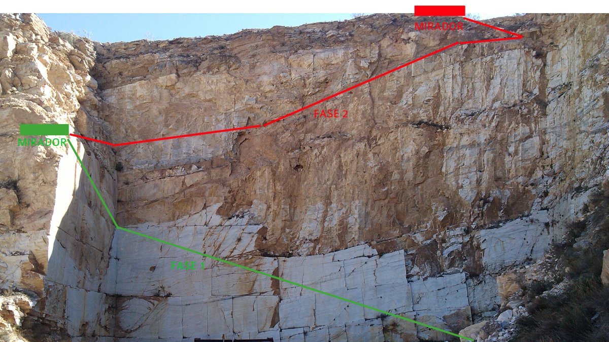 Pared de la cantera donde iráel camino de vértigo, señalado en color rojo.