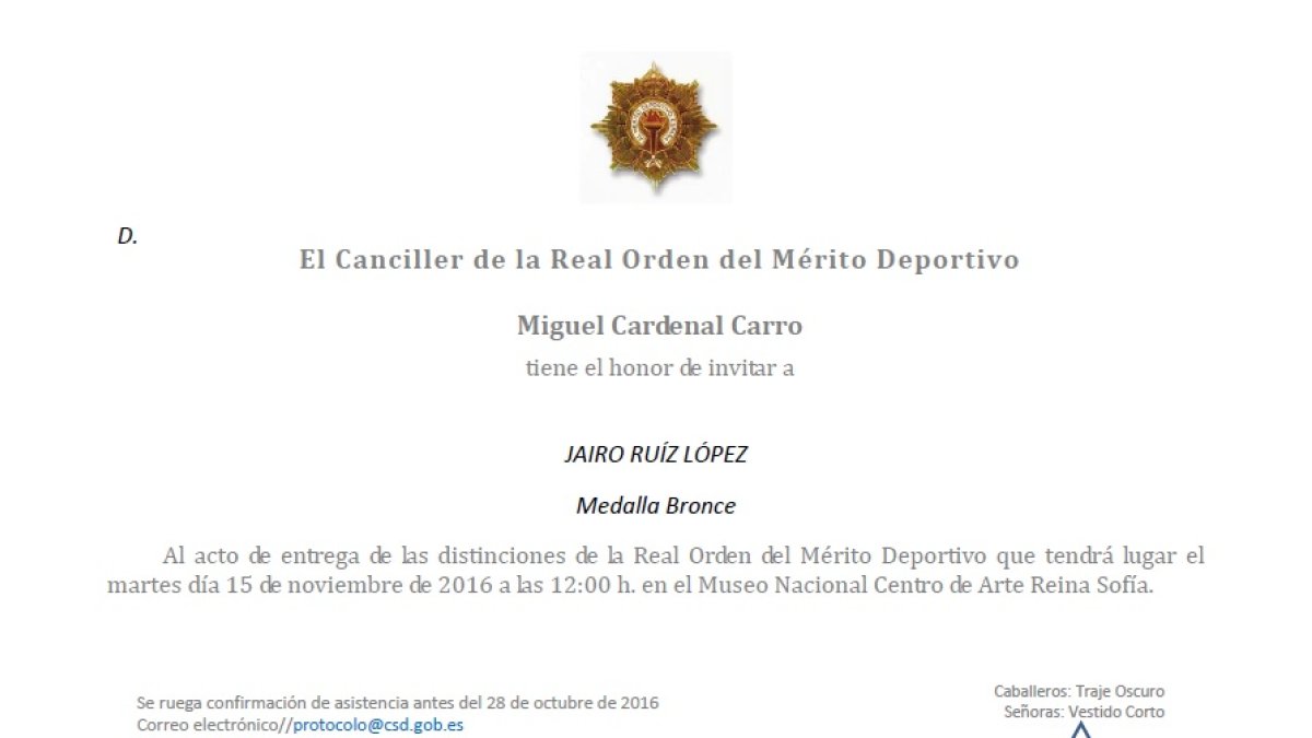 El comunicado oficial que ha recibido Jairo Ruiz.