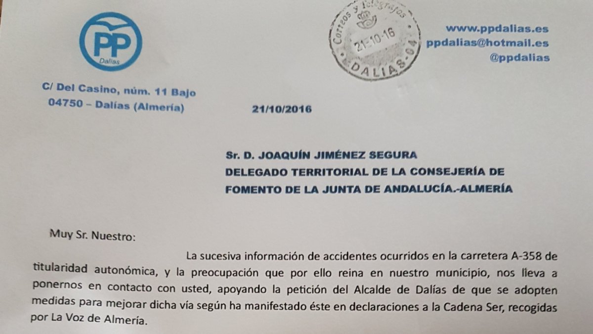 Detalle de la carta que ha remitido el PP de Dalías a la delegación territorial de Fomento, a la que ha tenido acceso este periódico.