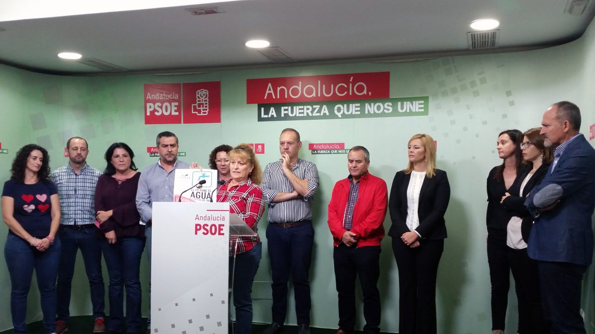 Adela Segura, con alcaldes, diputados y concejales del PSOE, en la rueda de prensa.