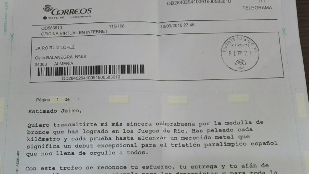 El telegrama de Rajoy a Jairo Ruiz.