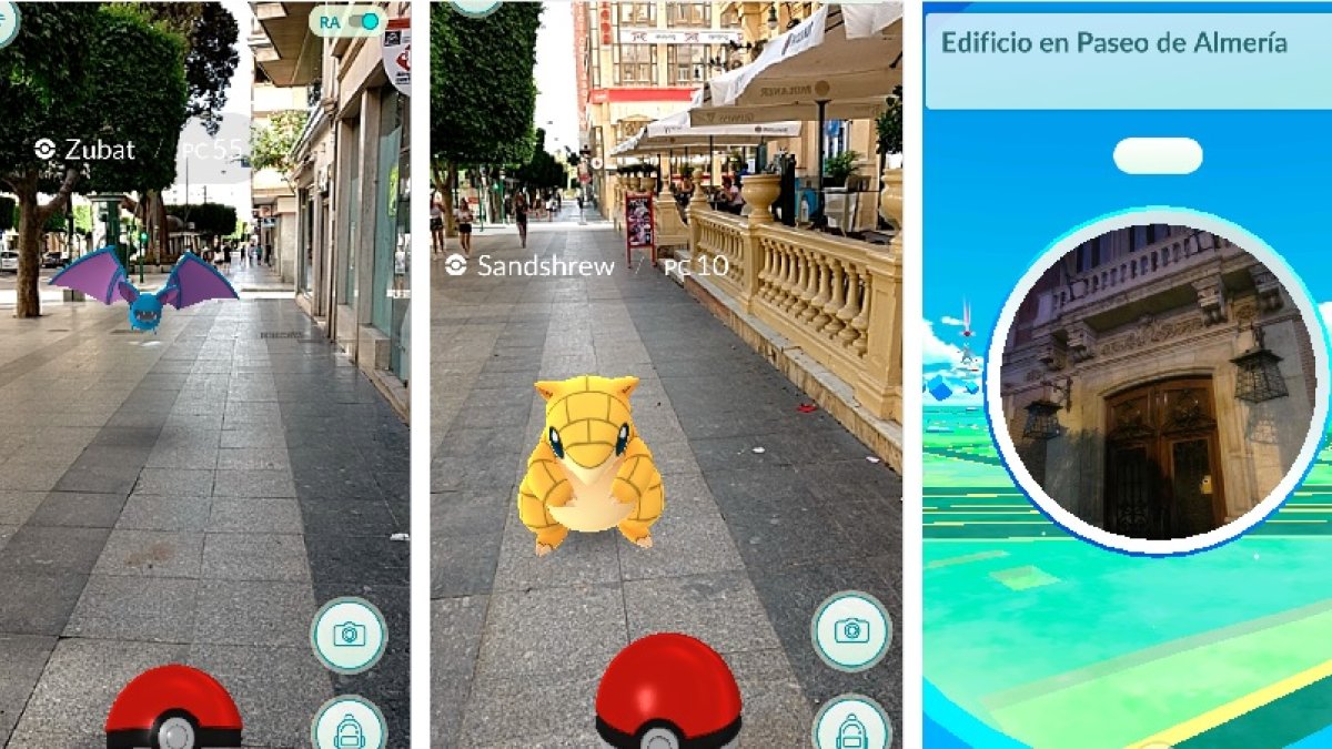 Visión del videojuego ‘Pokémon Go’ por calles de Almería como el Paseo y edificios como el antiguo Casino.