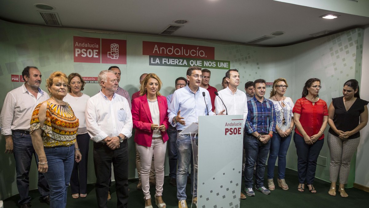 El secretario del PSOE de Almería comparece ante los medios junto a los dos diputados y el senador electos.