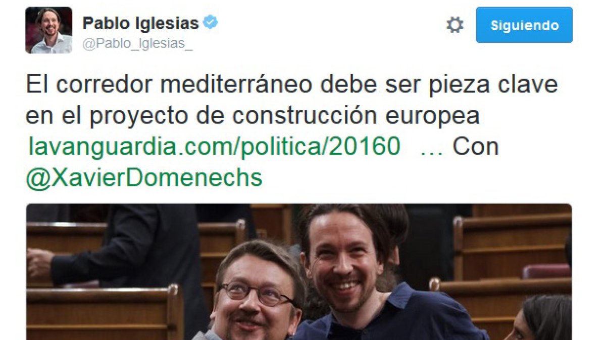 Tuit de ayer de Pablo Iglesias sobre el Corredor.