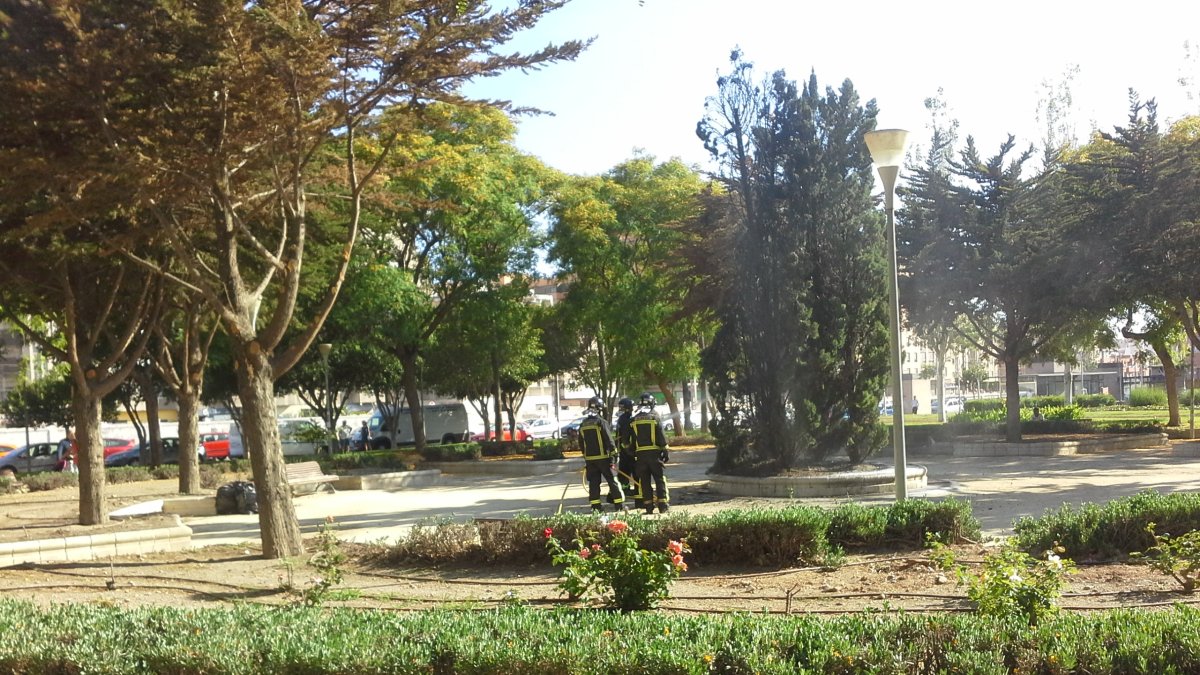 Bomberos durante su intervención en la plaza Gloria Fuertes.