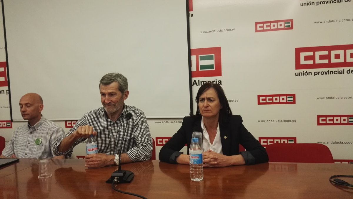 Joaquín Arnault (Equo), Julio Rodríguez (Podemos) y Rosalía Marín (IU), esta tarde en la sede de CC OO