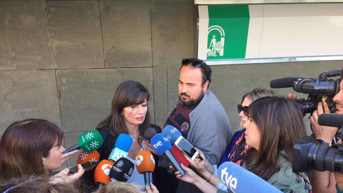La abogada Beatriz Gámez atiende a los medios en la Ciudad de la Justicia de Almería.