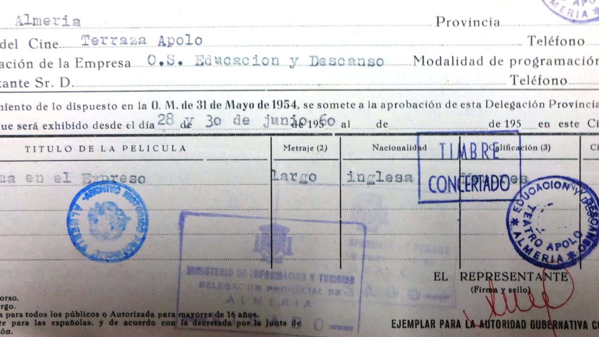 documentos de aprobación para la exhibición de películas en los cines Terraza Apolo.