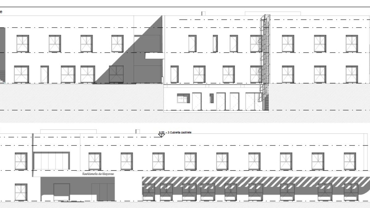 Alzado de la residencia de mayores de Mojácar, de estilo sencillo y huecos cuadrados.