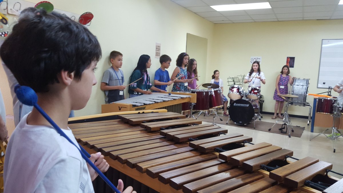 Una clase de percusión durante la visita de ayer.
