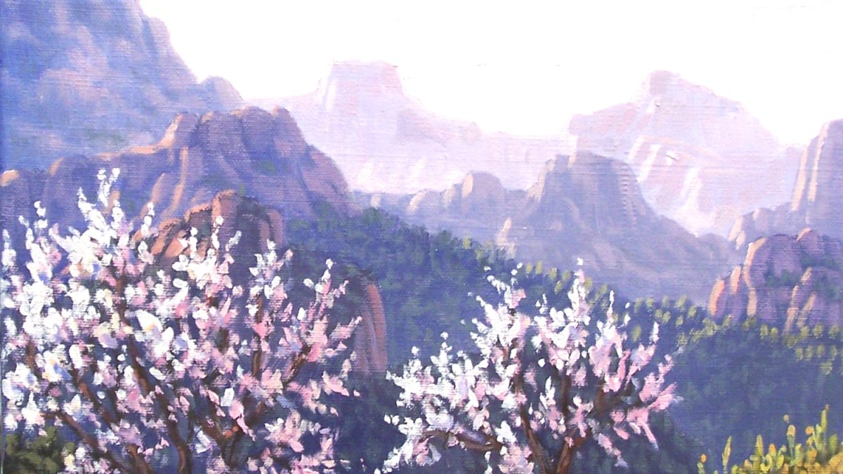 Almendros en flor en uno de los cuadros de Pepe Jiménez en la Galería Argar.