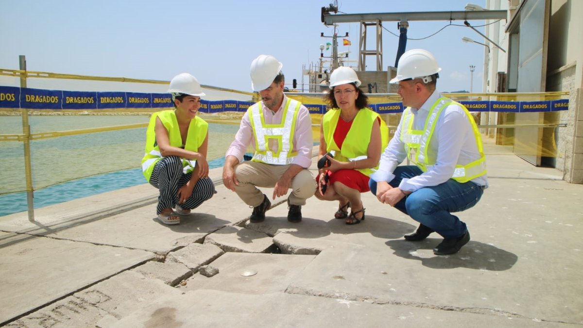 El consejero inspecciona una grieta del puerto en su visita de ayer. La voz