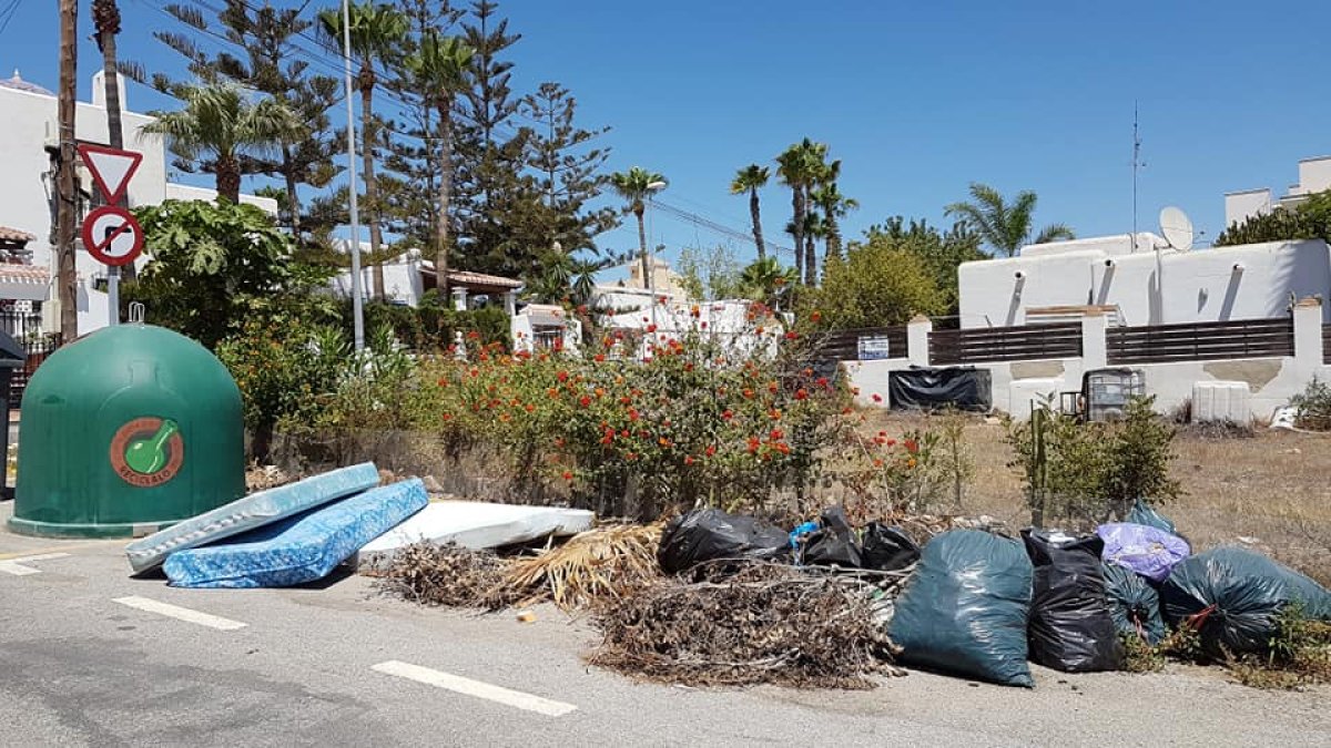 Enseres y poda junto a un contenedor de vidrio en la zona costera de Vera.