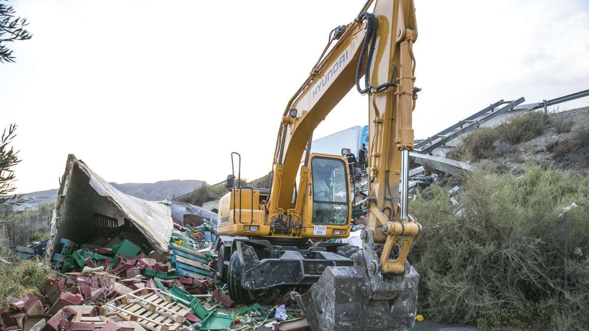 Una grúa retira restos del camión siniestrado ayer tarde en la autovía A7 a la altura de Viator