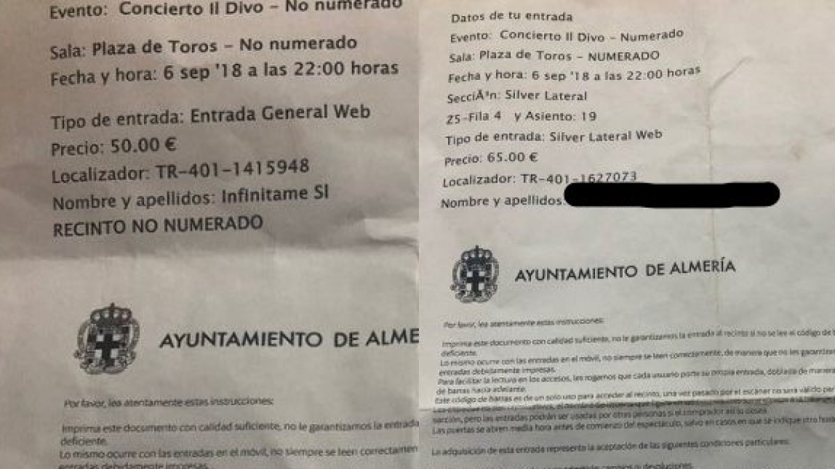 Comparativa entre la entrada falsa (a la izquierda) y la auténtica (a la derecha).