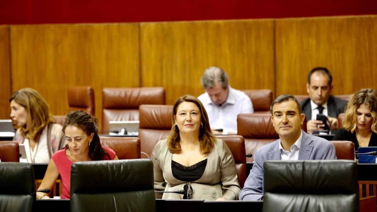 Carmen Crespo, portavoz del PP en el Parlamento andaluz, ayer junto a otros diputados almerienses en el Pleno.
