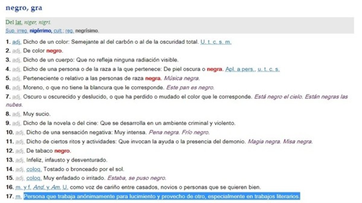 Definiciones actuales de la palabra negro.