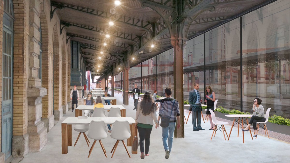 Diseño de cómo sería la terraza que se contempla en el andén después de acristalarlo para separarlo de la playa de vías.