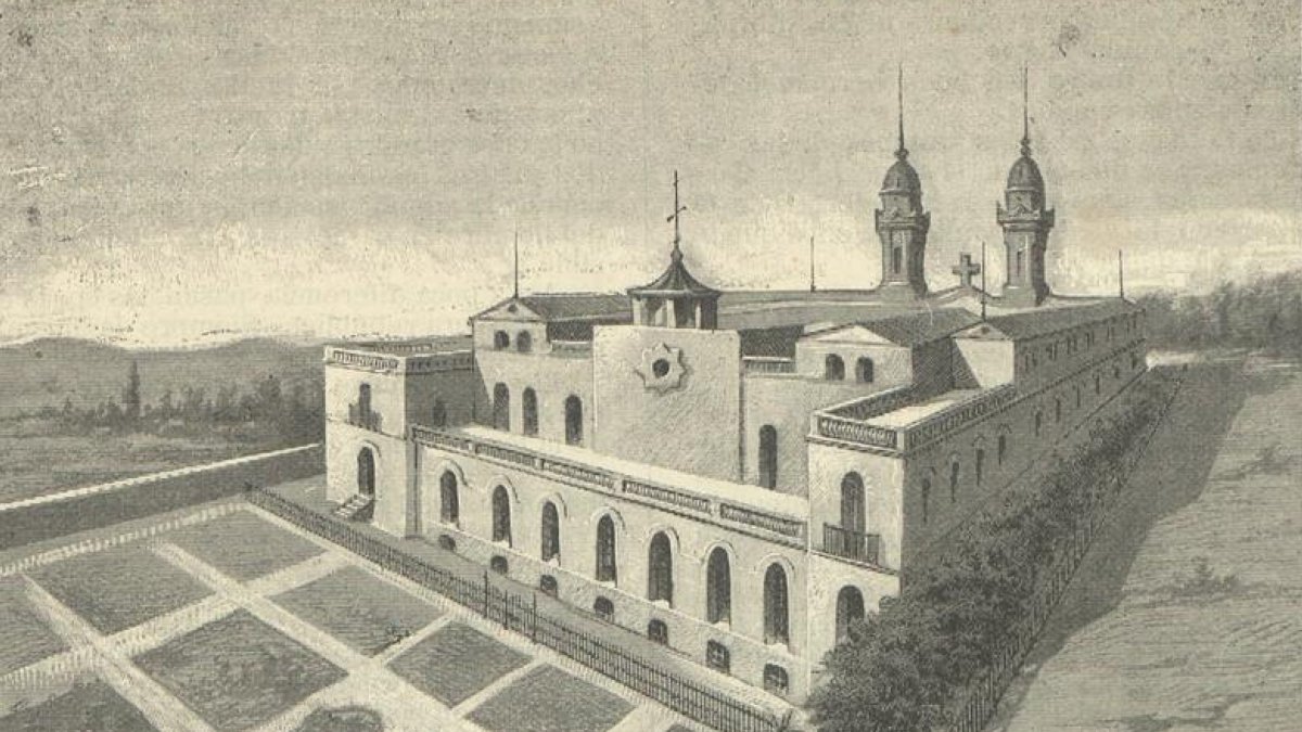 Grabado de 1886, de la parte trasera del Colegio y Convento recién inaugurado, desde lo que hoy es la calle Terriza.