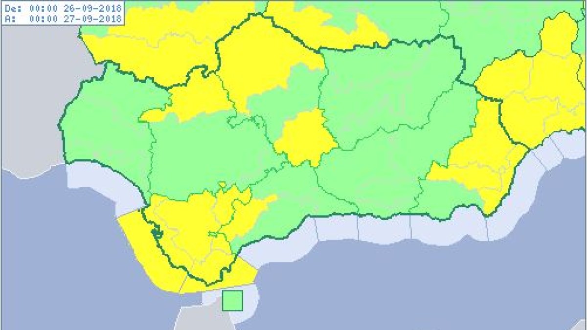 Zonas en alerta amarilla en Andalucía durante el miércoles, según Aemet.