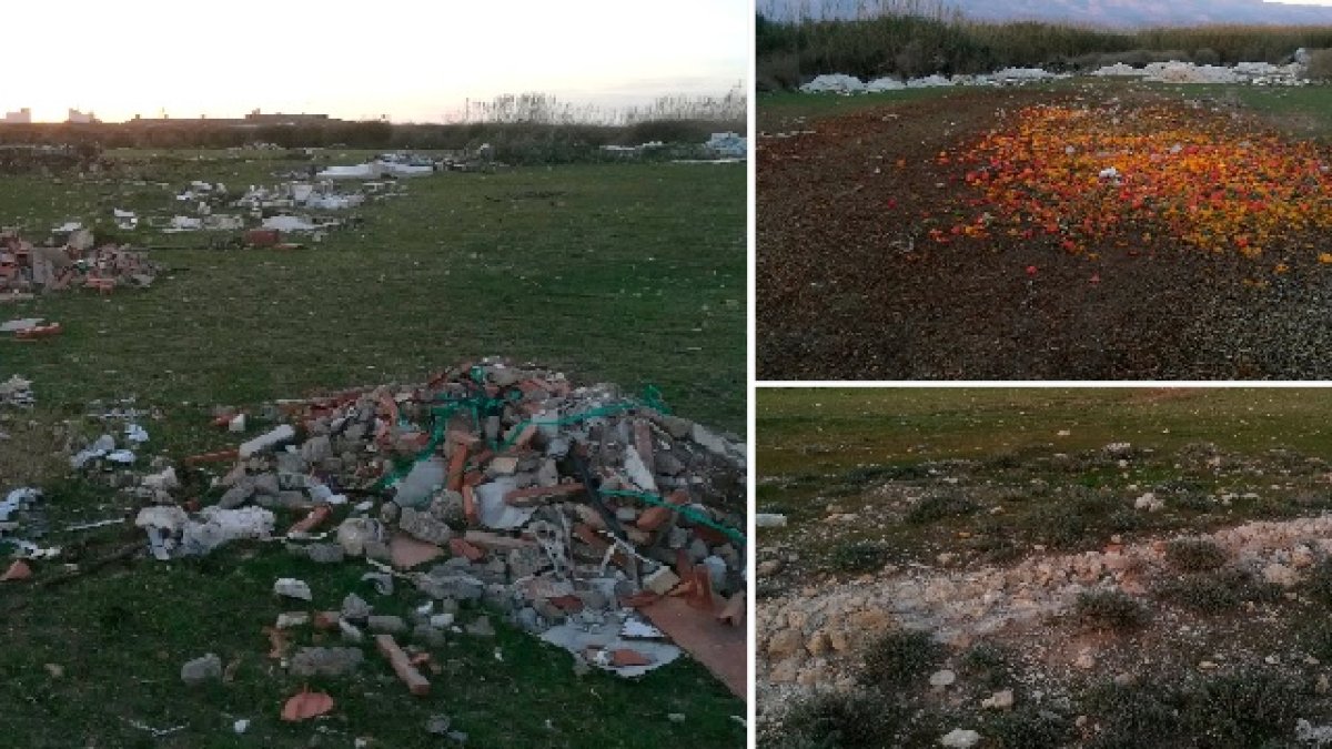 Desechos de construcción y agrícolas (izq. y arriba) en las inmediaciones de las balsas de salazón; y restos visibles de una de las balsas (abajo).