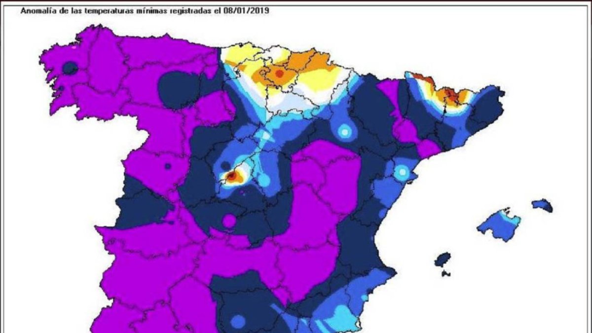 Anomalía de las temperaturas mínimas registradas el 8 de enero de 2019. / AEMET