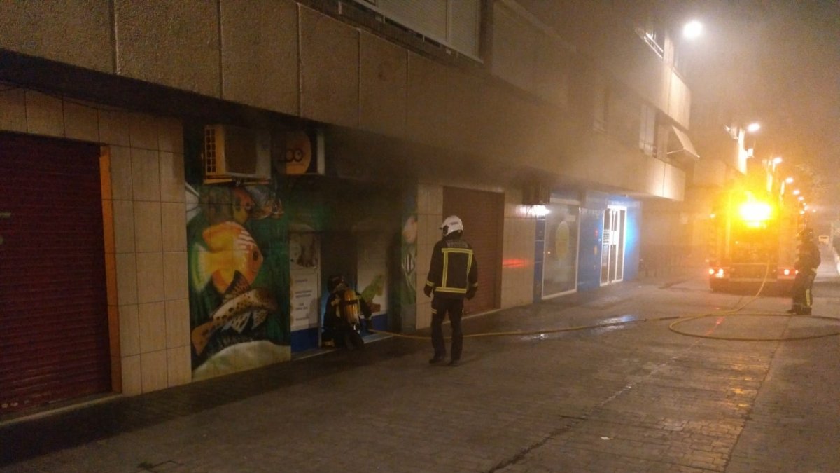 Los bomberos, sofocando el fuego en una tienda de mascotas de Nueva Andalucía.