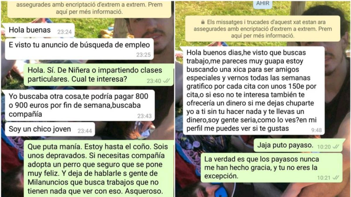 Mensajes que ha recibido la joven tras un anuncio de trabajo.