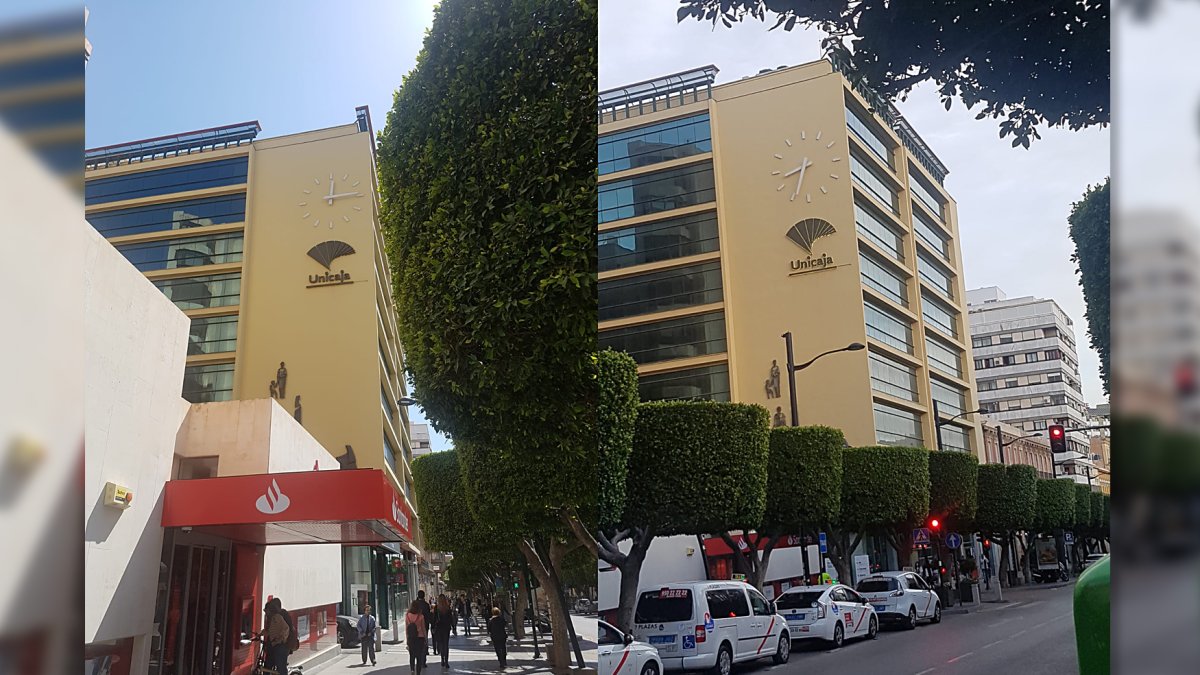 El reloj de Unicaja, en el Paseo, antes de su reparación (a la izquierda) y en funcionamiento (a la derecha).