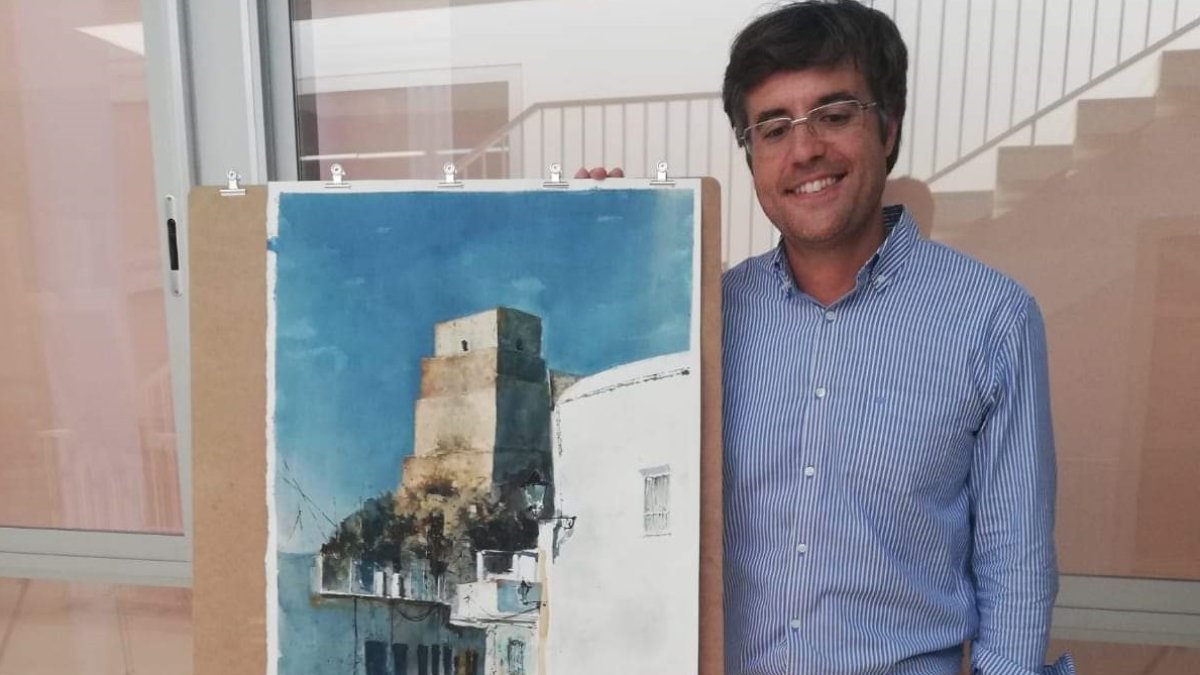 Pedro Miguel Jiménez, junto a la acuarela premiada.