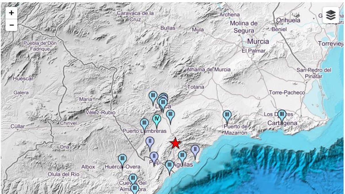 Mapa del IGN con los grados de intensidad del terremoto en los municipios.