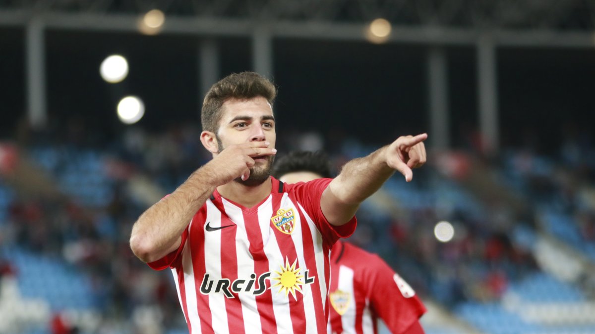 Luis Rioja celebrando un gol en Copa ante el Reus.