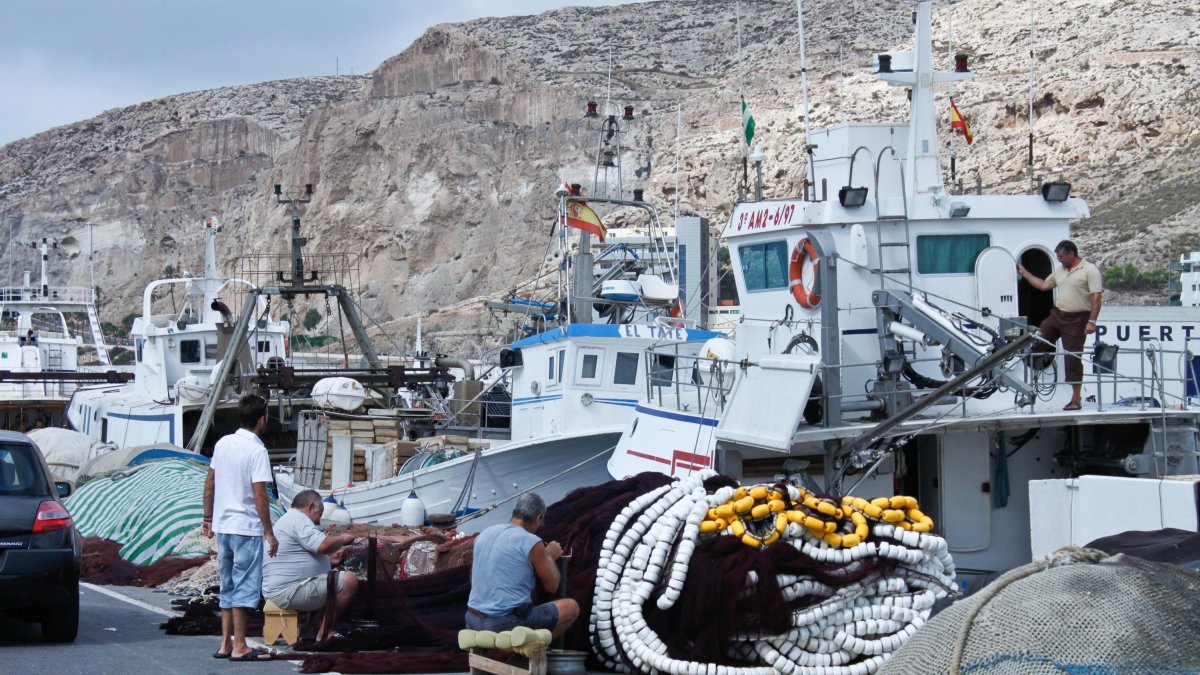 Armadores y marineros trajinando en el Puerto de Almería.