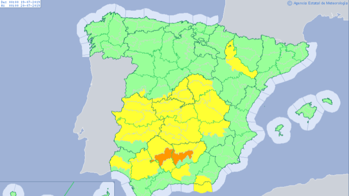 Mapa de la Aemet que recoge los avisos amarillos de este fin de semana en la Península Ibérica.