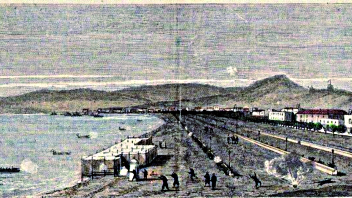 Malecón de Almería, en un grabado de Nicholas Chapuy plasmando el bombardeo cantonal.
