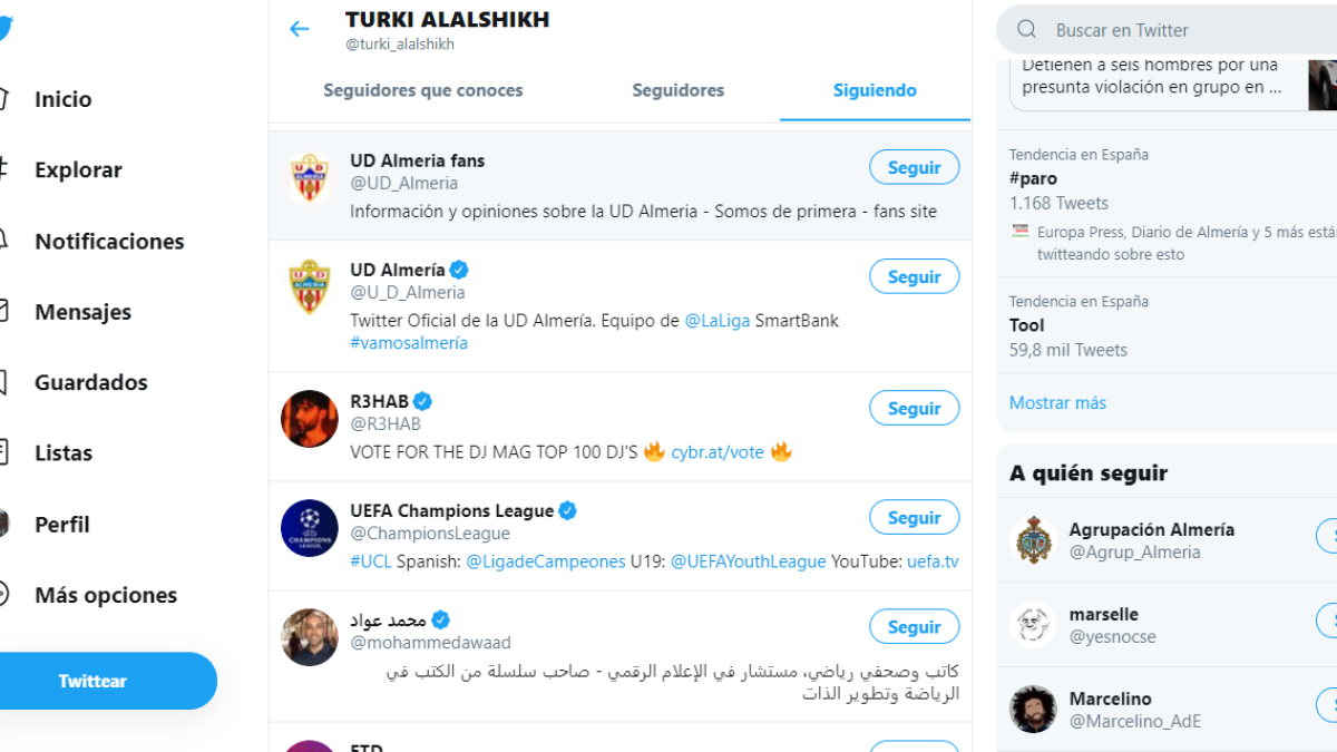 Captura de pantalla de las cuentas seguidas por el inversor árabe en Twitter.