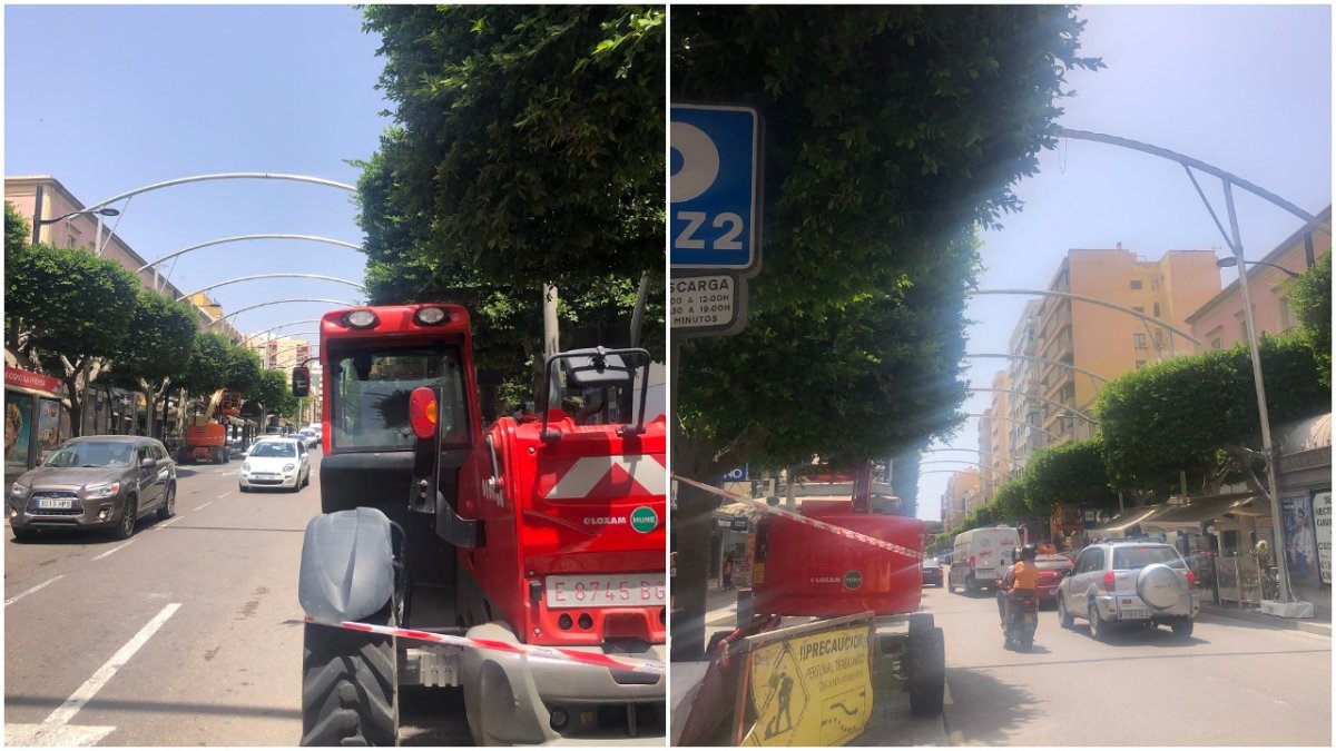 Trabajos de instalación de la estructura y entoldado del Paseo de Almería.