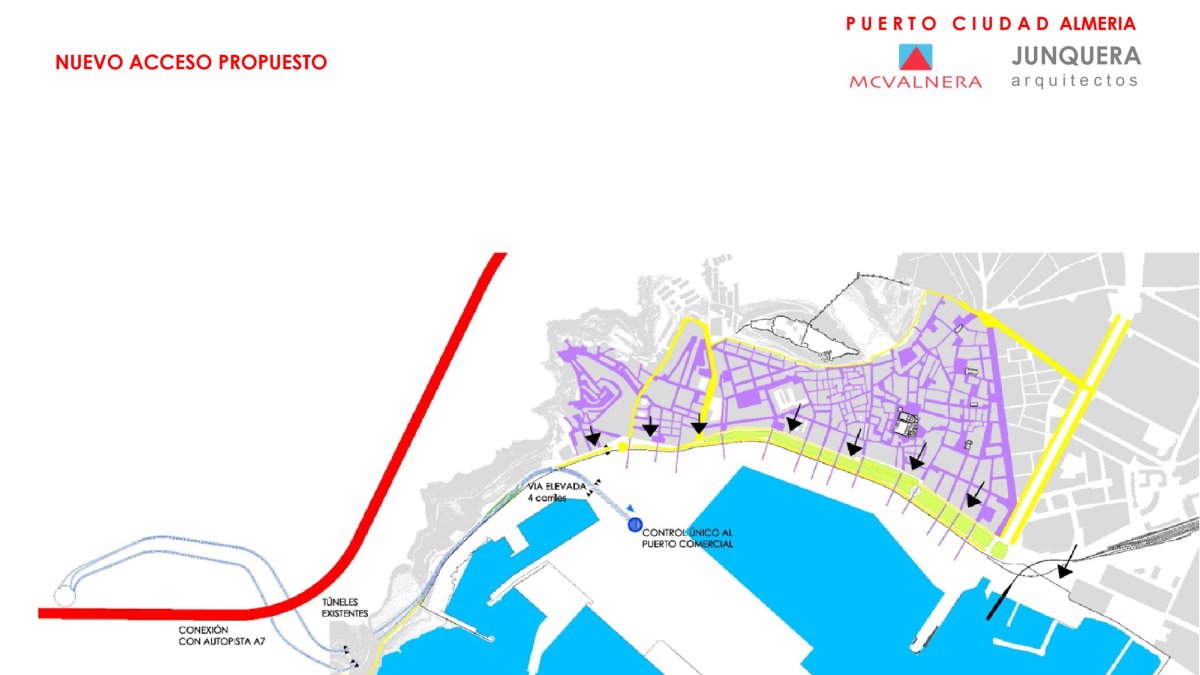 Mapa en el que se dibuja esa vía en altura para el acceso de la A7