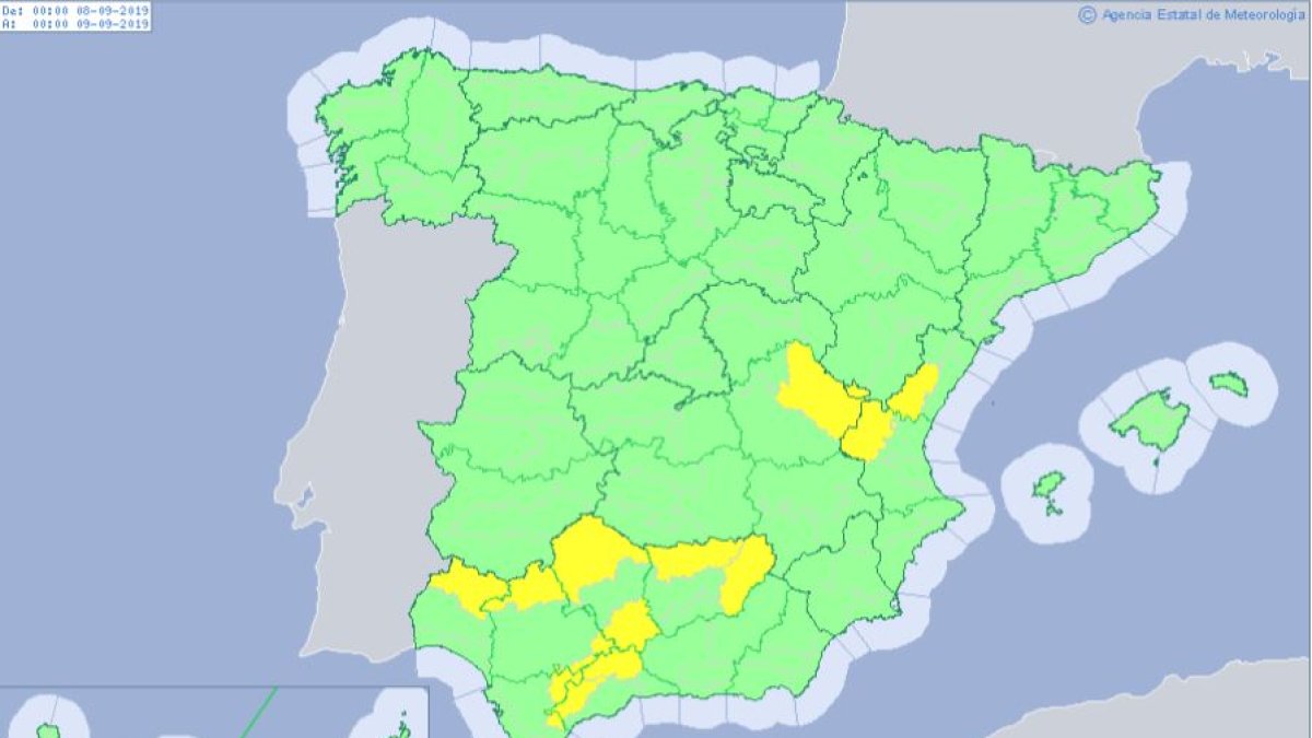 Mapa de avisos por tormentas en España.