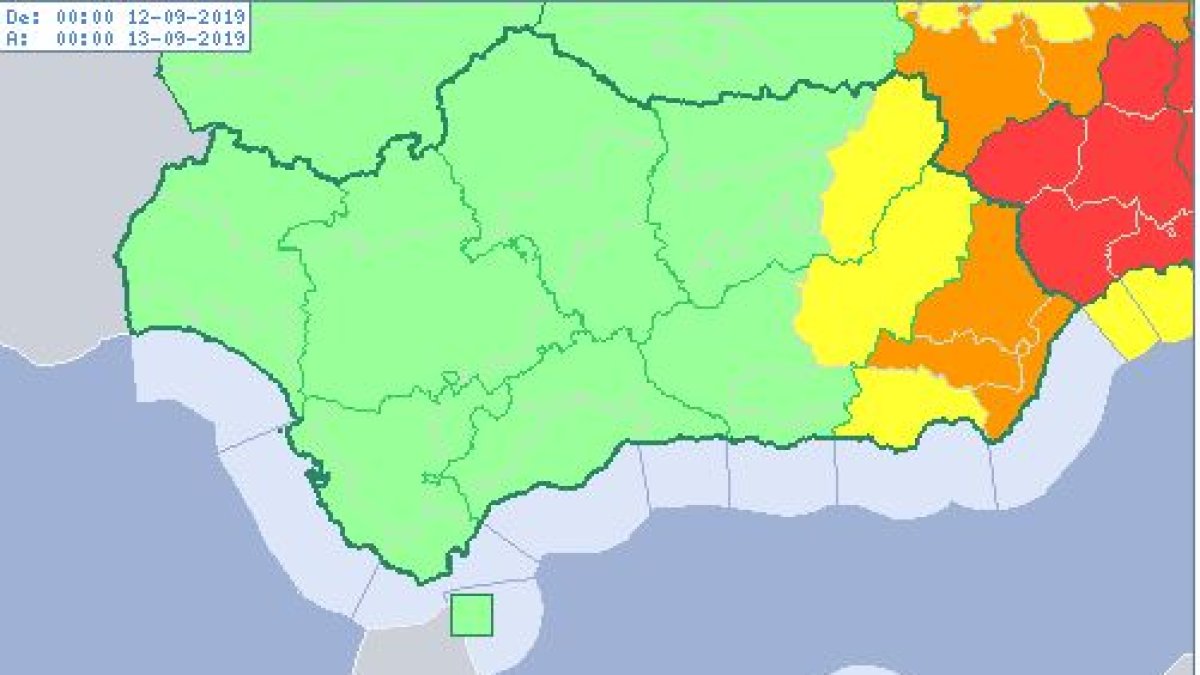 Mapa andaluz con el aviso naranja en las comarcas del Levante y el interior de Almería.