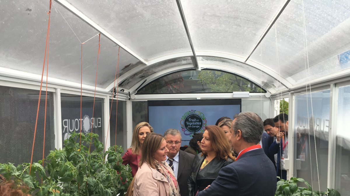 Carmen Crespo junto a otros representantes en el invernadero tecnológico.