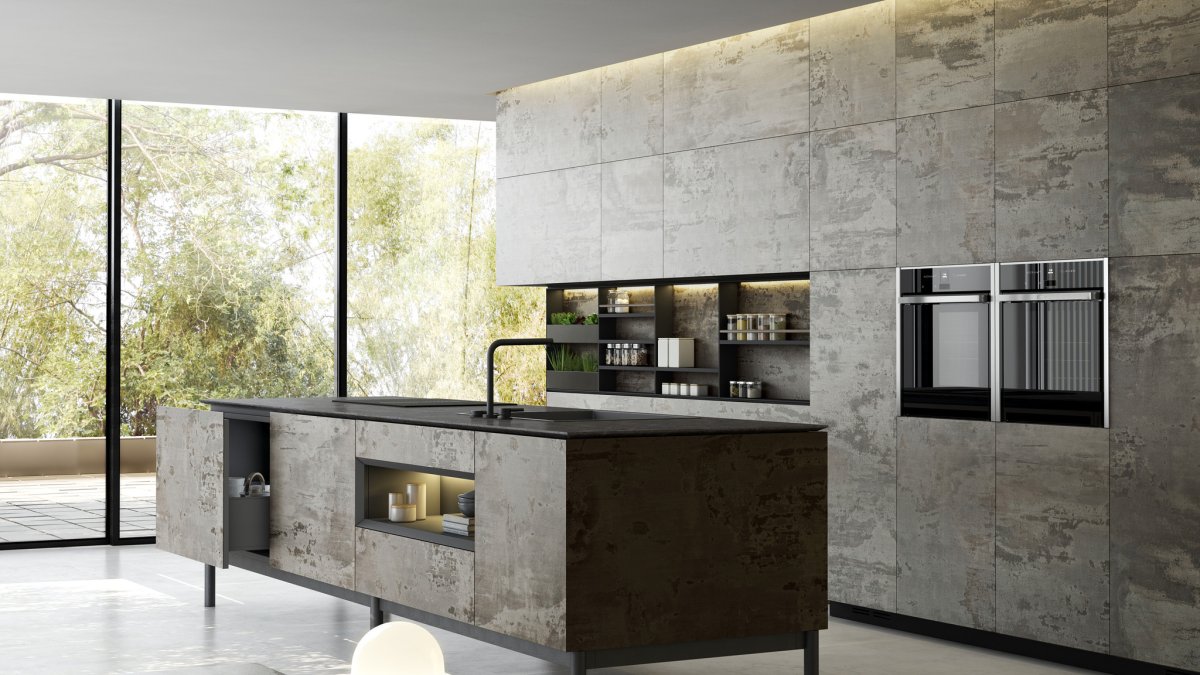 Dekton Slim, color Trilium en isla, panelado de armarios y barra auxiliar.