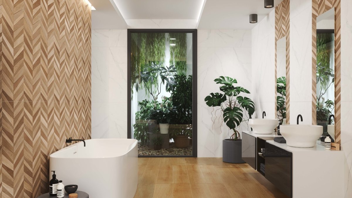 El suelo de gres porcelánico de imitación de la madera.